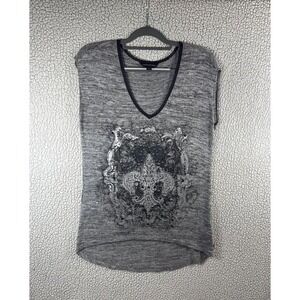 Rock & Republic Women's Gray Fleur De Lis Bling Cap Sleeve V-Neck Top‎ M